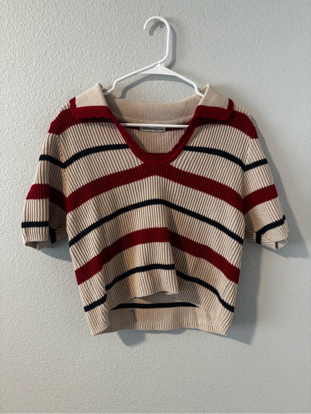Zenana Outfitters Striped V-Neck Short Sleeve Sweater - Beige, Red & Black